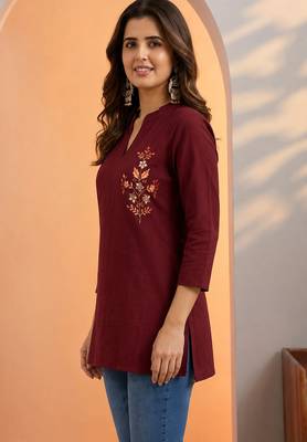 Maroon thread work cotton silk stitched tunic kurti for women 2