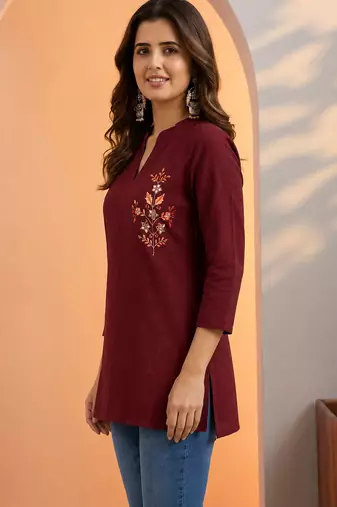 Maroon thread work cotton silk stitched tunic kurti for women