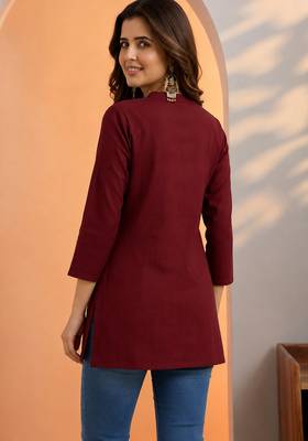 Maroon thread work cotton silk stitched tunic kurti for women 3