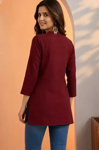 Maroon thread work cotton silk stitched tunic kurti for women