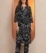 Black botanical print cotton stitched kurta pant co-ord set for women