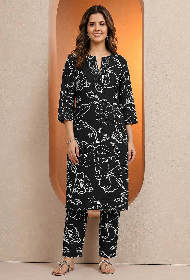Black botanical print cotton stitched kurta pant co-ord set for women