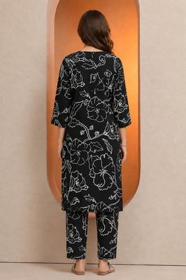 Black botanical print cotton stitched kurta pant co-ord set for women 2