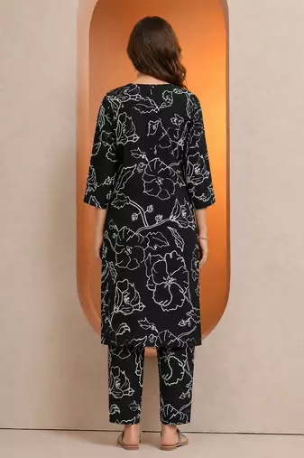 Black botanical print cotton stitched kurta pant co-ord set for women