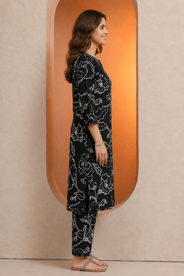 Black botanical print cotton stitched kurta pant co-ord set for women 3