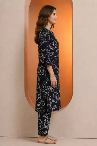 Black botanical print cotton stitched kurta pant co-ord set for women