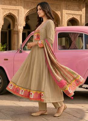 Beige ethnic printed satin stitched anarkali kurta set with straight pant for women 5