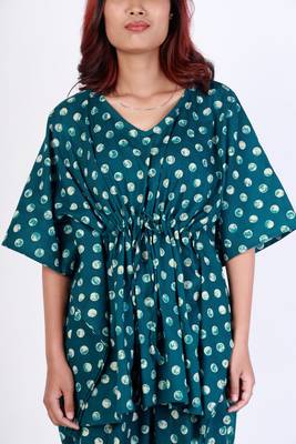 Green polka dot printed cotton kaftan co-ord set for women 4