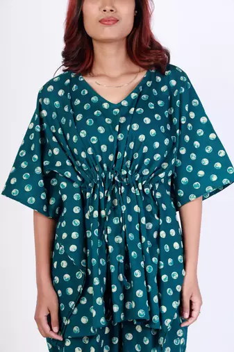 Green polka dot printed cotton kaftan co-ord set for women