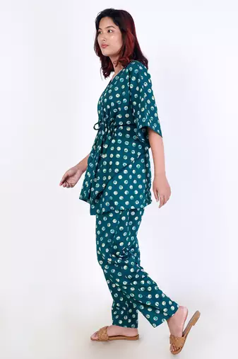 Green polka dot printed cotton kaftan co-ord set for women