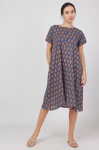 Blue cotton floral printed casual dress for women