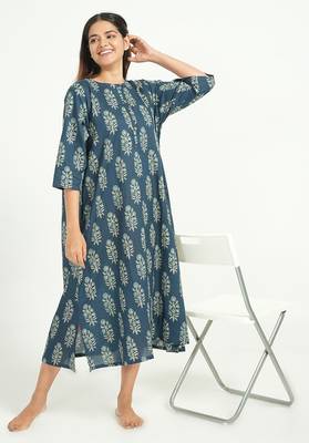 Blue cotton floral printed casual dress for women 5