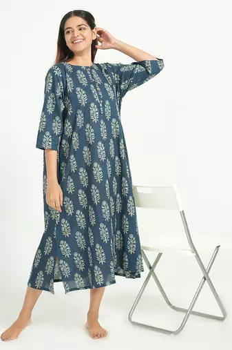 Blue cotton floral printed casual dress for women
