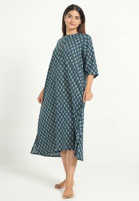Blue cotton floral printed casual dress for women 5