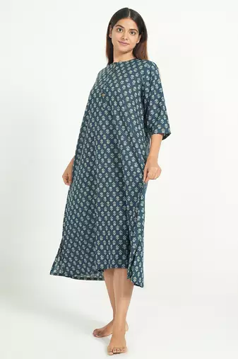 Blue cotton floral printed casual dress for women