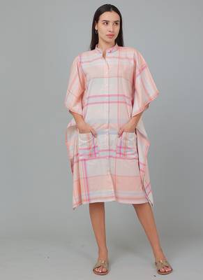 Peach checks printed cotton casual kaftan dress for women 5