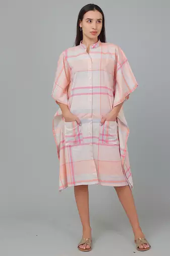 Peach checks printed cotton casual kaftan dress for women