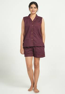 Maroon cotton printed shorts co-ord set for women 5