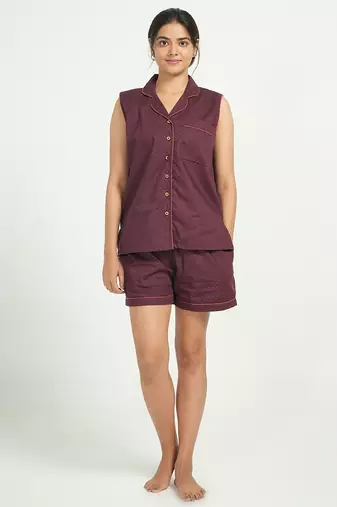 Maroon cotton printed shorts co-ord set for women