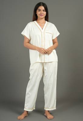 Cream everyday wear cotton pyjama co-ord set for women 5