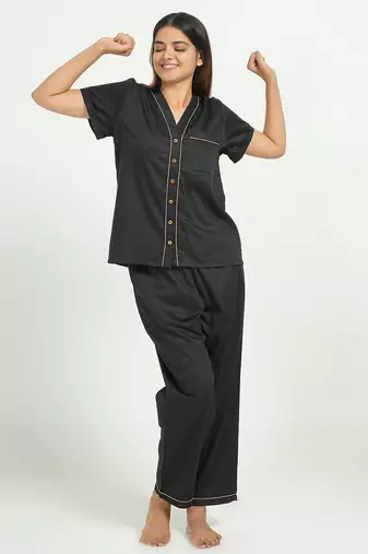 Black everyday wear cotton pyjama co-ord set for women