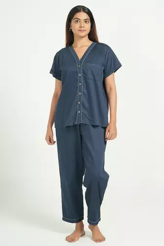 Navy blue everyday wear cotton pyjama co-ord set for women