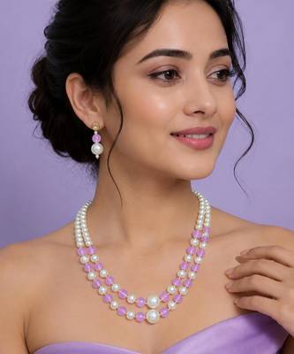 Lavender color necklace set with earrings, moti & agate stone, gold plated 4
