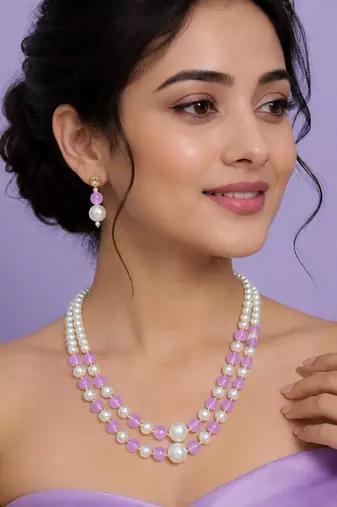 Lavender color necklace set with earrings, moti & agate stone, gold plated