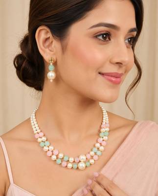 Pink & pista color necklace set with earrings, moti & agate stone, gold plated 4