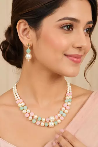 Pink & pista color necklace set with earrings, moti & agate stone, gold plated