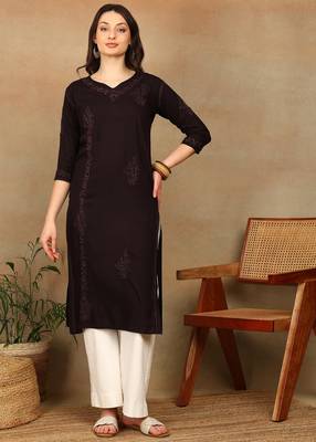 Women dark brown ethnic motifs lucknowi chikankari liva rayon a-line kurta 1