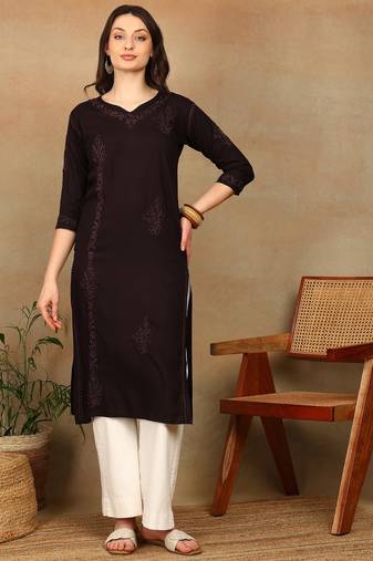 Women dark brown ethnic motifs lucknowi chikankari liva rayon a-line kurta