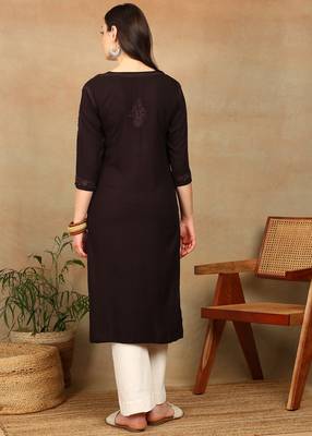 Women dark brown ethnic motifs lucknowi chikankari liva rayon a-line kurta 2