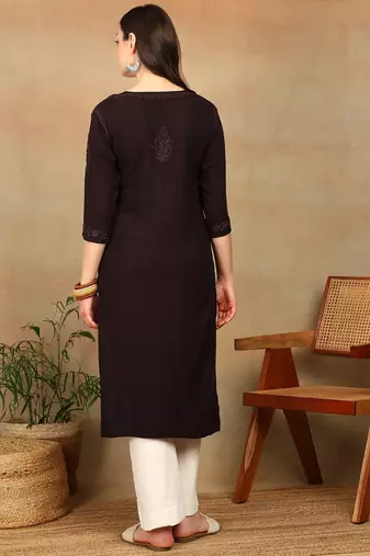 Women dark brown ethnic motifs lucknowi chikankari liva rayon a-line kurta