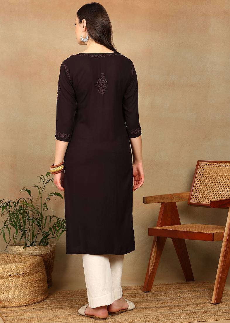 Women dark brown ethnic motifs lucknowi chikankari liva rayon a-line kurta