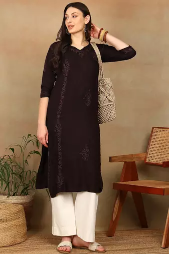 Women dark brown ethnic motifs lucknowi chikankari liva rayon a-line kurta