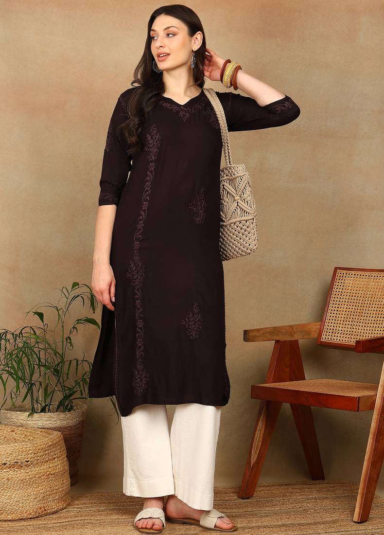 Women dark brown ethnic motifs lucknowi chikankari liva rayon a-line kurta