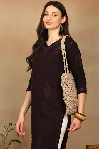 Women dark brown ethnic motifs lucknowi chikankari liva rayon a-line kurta