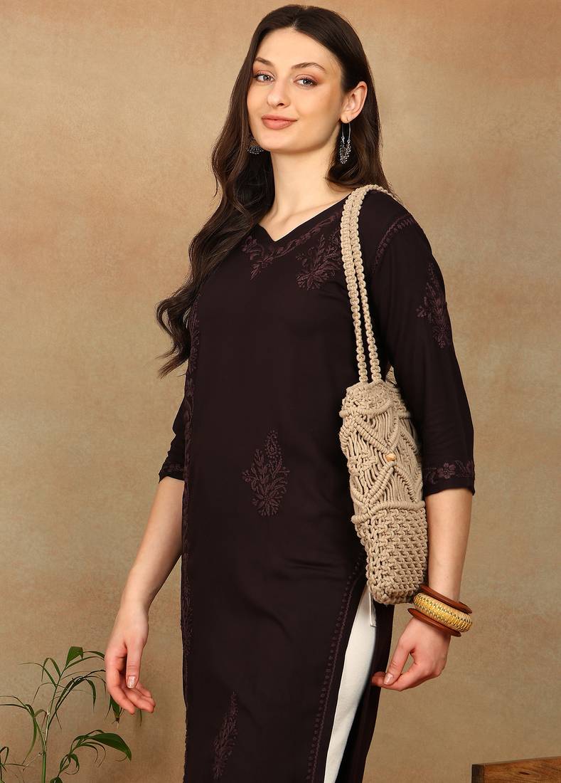 Women dark brown ethnic motifs lucknowi chikankari liva rayon a-line kurta