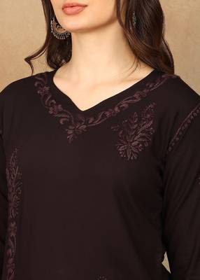Women dark brown ethnic motifs lucknowi chikankari liva rayon a-line kurta 5