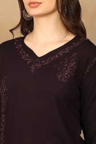 Women dark brown ethnic motifs lucknowi chikankari liva rayon a-line kurta