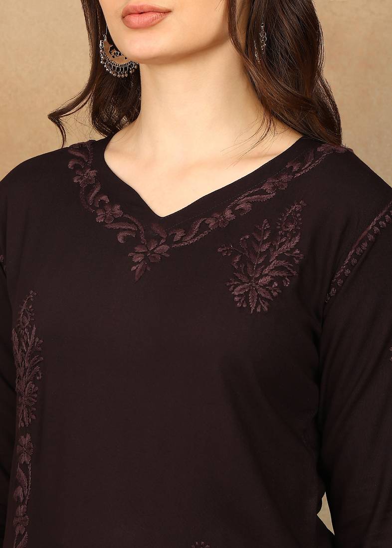 Women dark brown ethnic motifs lucknowi chikankari liva rayon a-line kurta