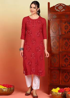 Women red ethnic motifs embroidered lucknowi chikankari straight liva long kurtas 1