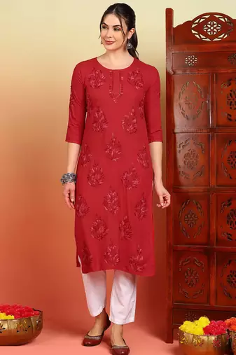 Women red ethnic motifs embroidered lucknowi chikankari straight liva long kurtas