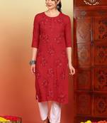 Women red ethnic motifs embroidered lucknowi chikankari straight liva long kurtas