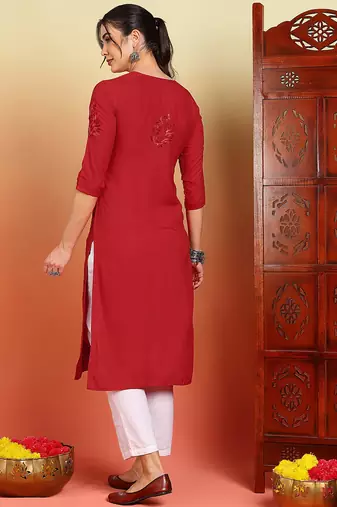 Women red ethnic motifs embroidered lucknowi chikankari straight liva long kurtas