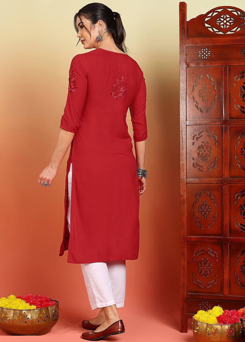Women red ethnic motifs embroidered lucknowi chikankari straight liva long kurtas