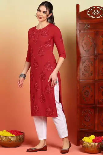 Women red ethnic motifs embroidered lucknowi chikankari straight liva long kurtas