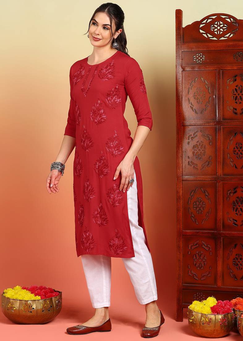 Women red ethnic motifs embroidered lucknowi chikankari straight liva long kurtas