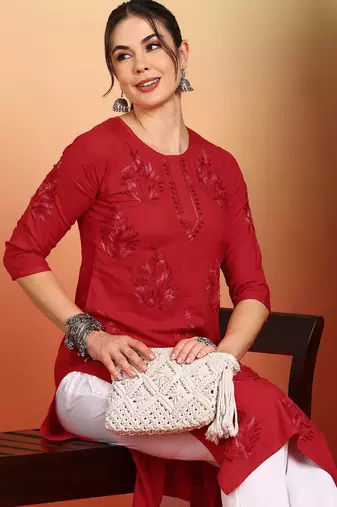 Women red ethnic motifs embroidered lucknowi chikankari straight liva long kurtas